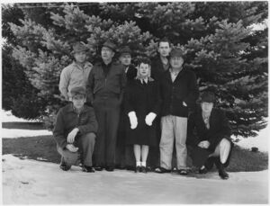 Edward T Halll Part of the colville Forestry staff. Back row, L-R: Edward T. Hall, Forest Ranger; Melvin Robertson, Assistant Forest Manager; and Edward J. Whalen, Forester in charge of timber sales. Second row, standing: Pete Whitelaw, scaler; Dorothy Gray, stenographer; and Alex Arcasa, scaler. Kneeling at left, Harold Weaver, Forest Manger; at right, Francis S. Van Sickle, Forester. - Picture Taken from Wikimedia Commons.